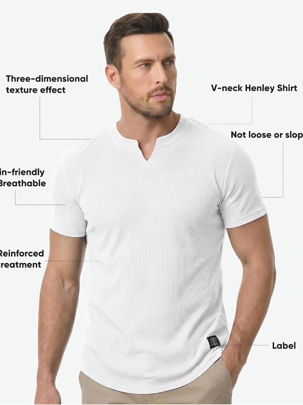 Men's White V-Neck Henley Undershirt